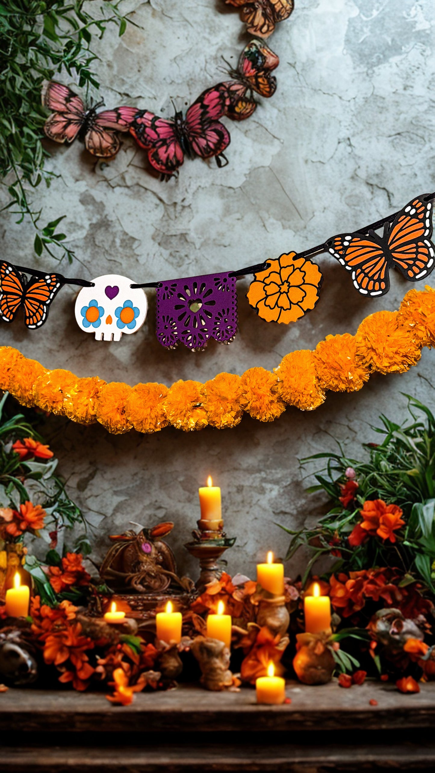 Día de los Muertos Garland | Papel Picado, Monarch Butterfly, Sugar Skull & Marigold Banner