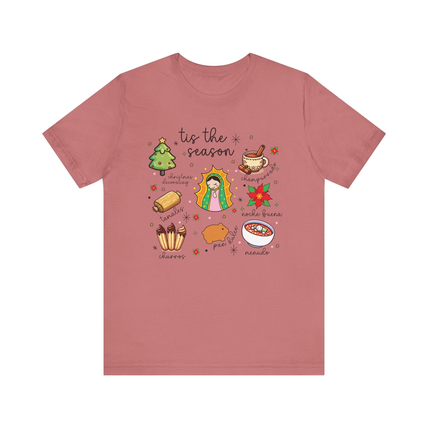 Mexican Christmas, Tis the Season, Bella Cavas Jersey Tee, Feliz Navidad Shirt, Virgen de Guadalupe, Tamales Clothing - Mauve, 2XL image