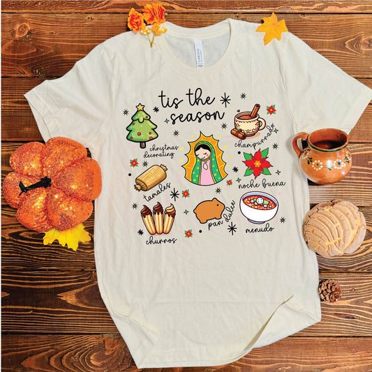 Mexican Christmas, Tis the Season, Bella Cavas Jersey Tee, Feliz Navidad Shirt, Virgen de Guadalupe, Tamales Clothing image 0