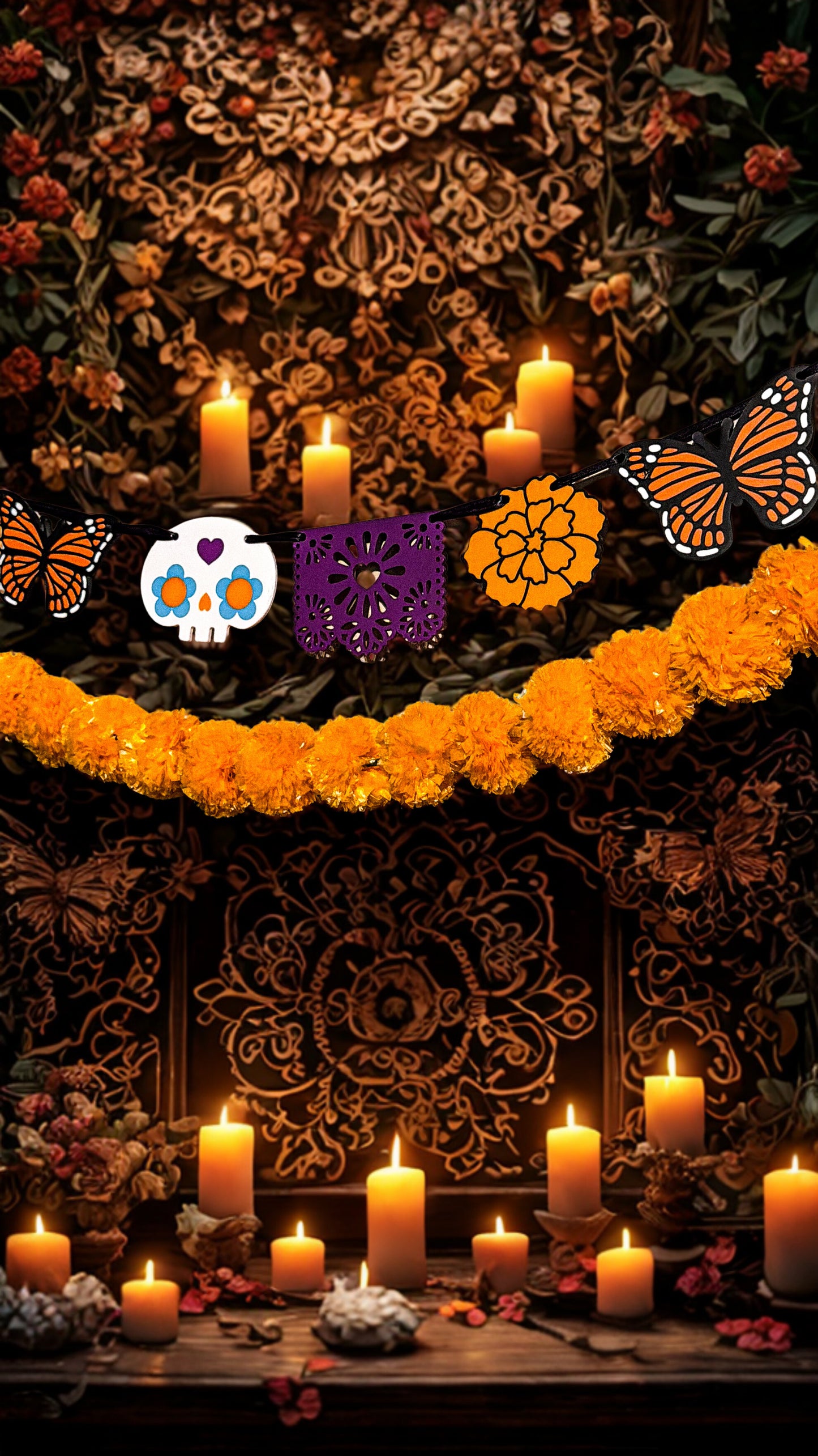 Día de los Muertos Garland | Papel Picado, Monarch Butterfly, Sugar Skull & Marigold Banner
