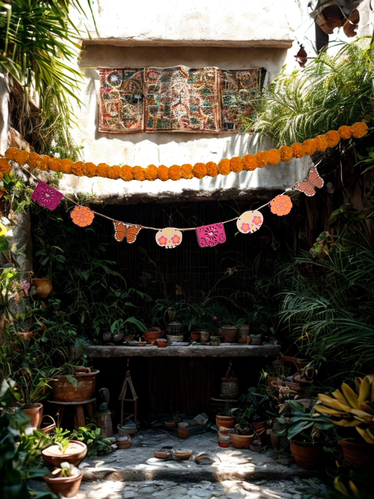 Boho Día de los Muertos Garland | Pink Papel Picado, Boho Monarch Butterfly, Sugar Skull & Marigold Decor