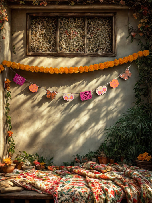 Boho Día de los Muertos Garland | Pink Papel Picado, Boho Monarch Butterfly, Sugar Skull & Marigold Decor