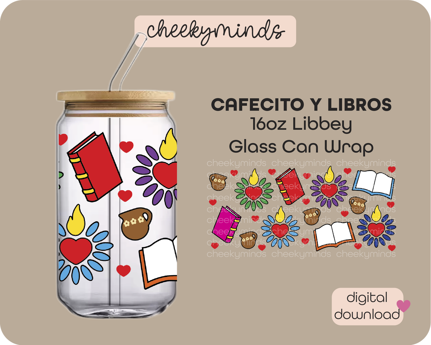 Cafecitos y Libros 16oz Libbey Glass Can Wrap
