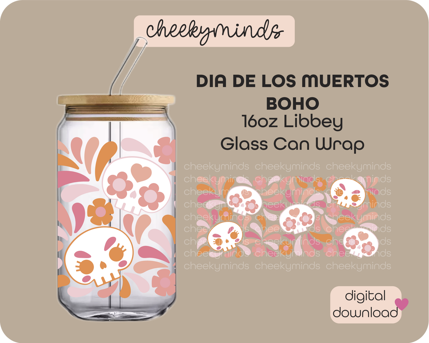 Dia de Los Muertos Boho 16oz Libbey Glass Can Wrap