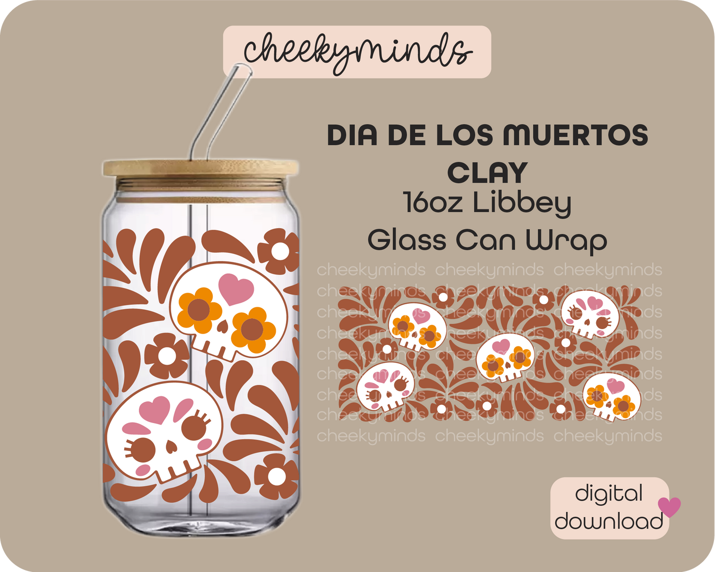 Dia de Los Muertos Clay 16oz Libbey Glass Can Wrap