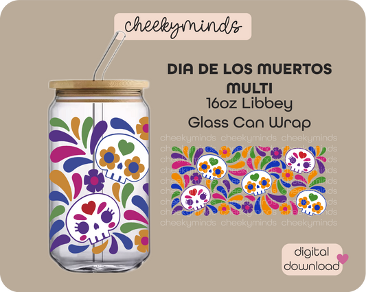 Dia de Los Muertos Multi 16oz Libbey Glass Can Wrap