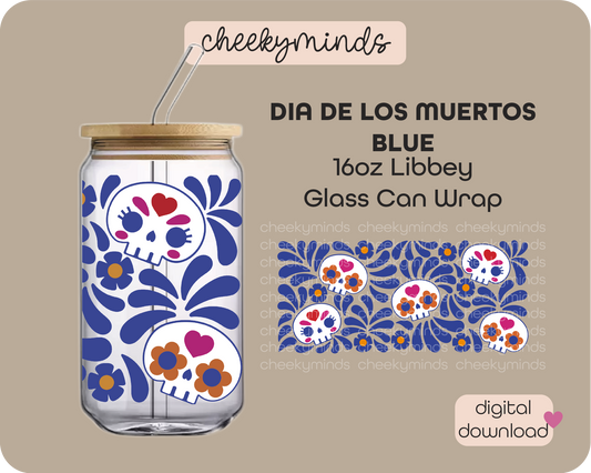 Dia de Los Muertos Blue 16oz Libbey Glass Can Wrap