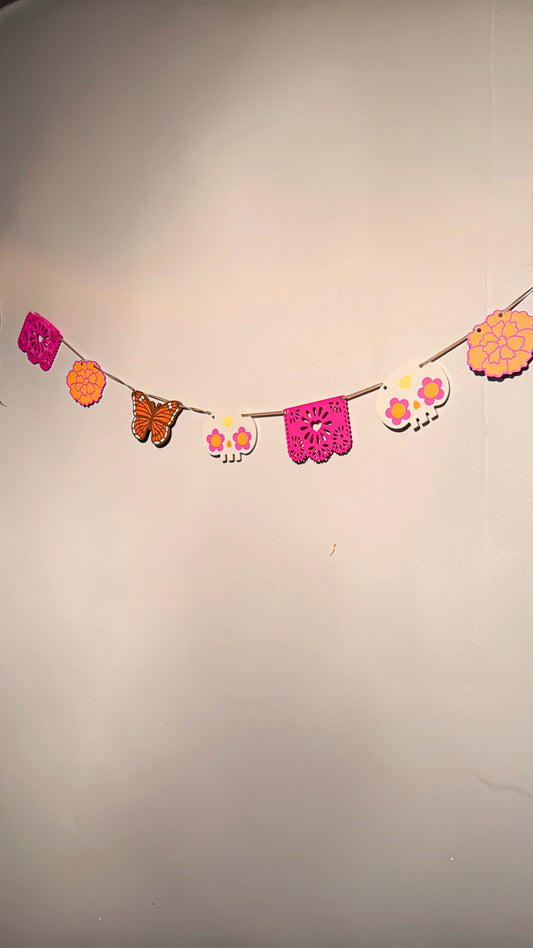 Boho Día de los Muertos Garland | Pink Papel Picado, Boho Monarch Butterfly, Sugar Skull & Marigold Decor