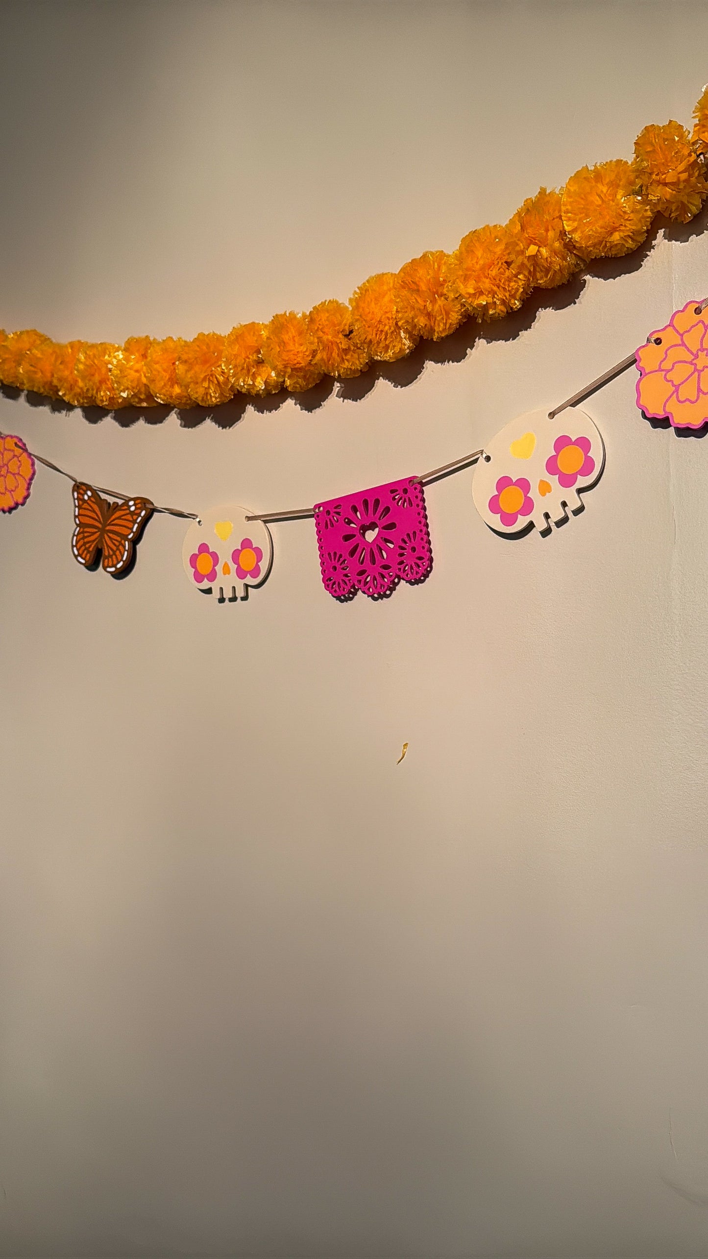 Boho Día de los Muertos Garland | Pink Papel Picado, Boho Monarch Butterfly, Sugar Skull & Marigold Decor