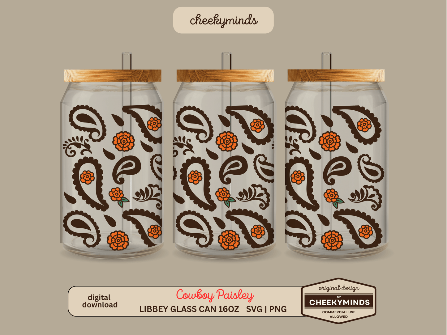 Cowboy Paisley 16oz Libbey Glass Can