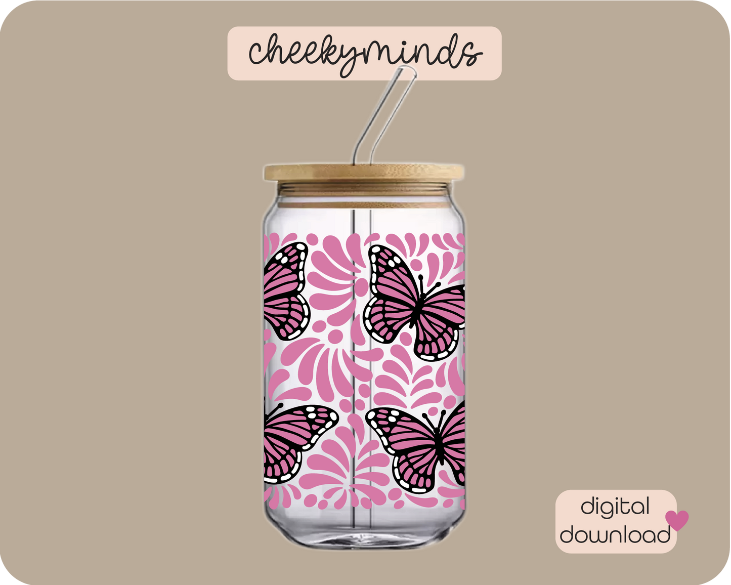 Baby Pink Monarch Talavera 16oz Libbey Glass Can Wrap