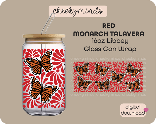 Red Monarch Talavera 16oz Libbey Glass Can Wrap