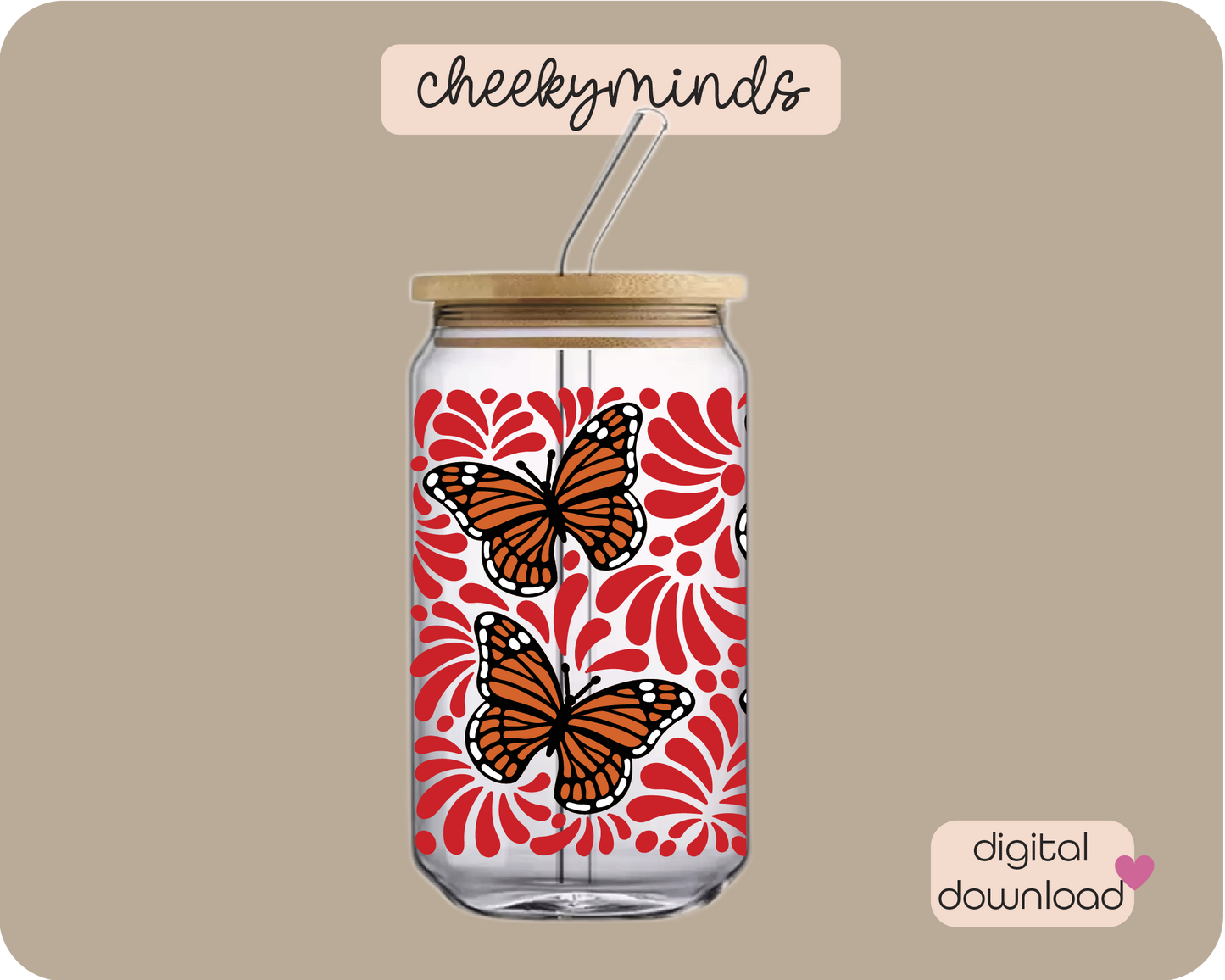 Red Monarch Talavera 16oz Libbey Glass Can Wrap