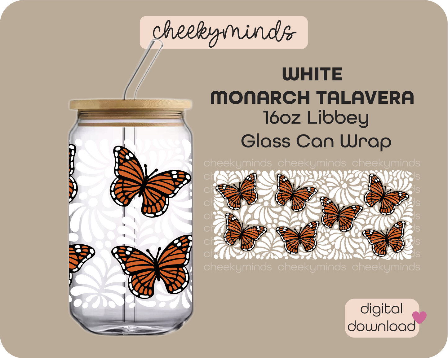 White Monarch Talavera 16oz Libbey Glass Can Wrap