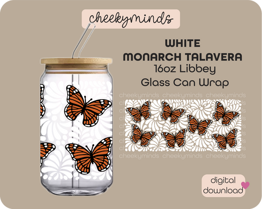 White Monarch Talavera 16oz Libbey Glass Can Wrap