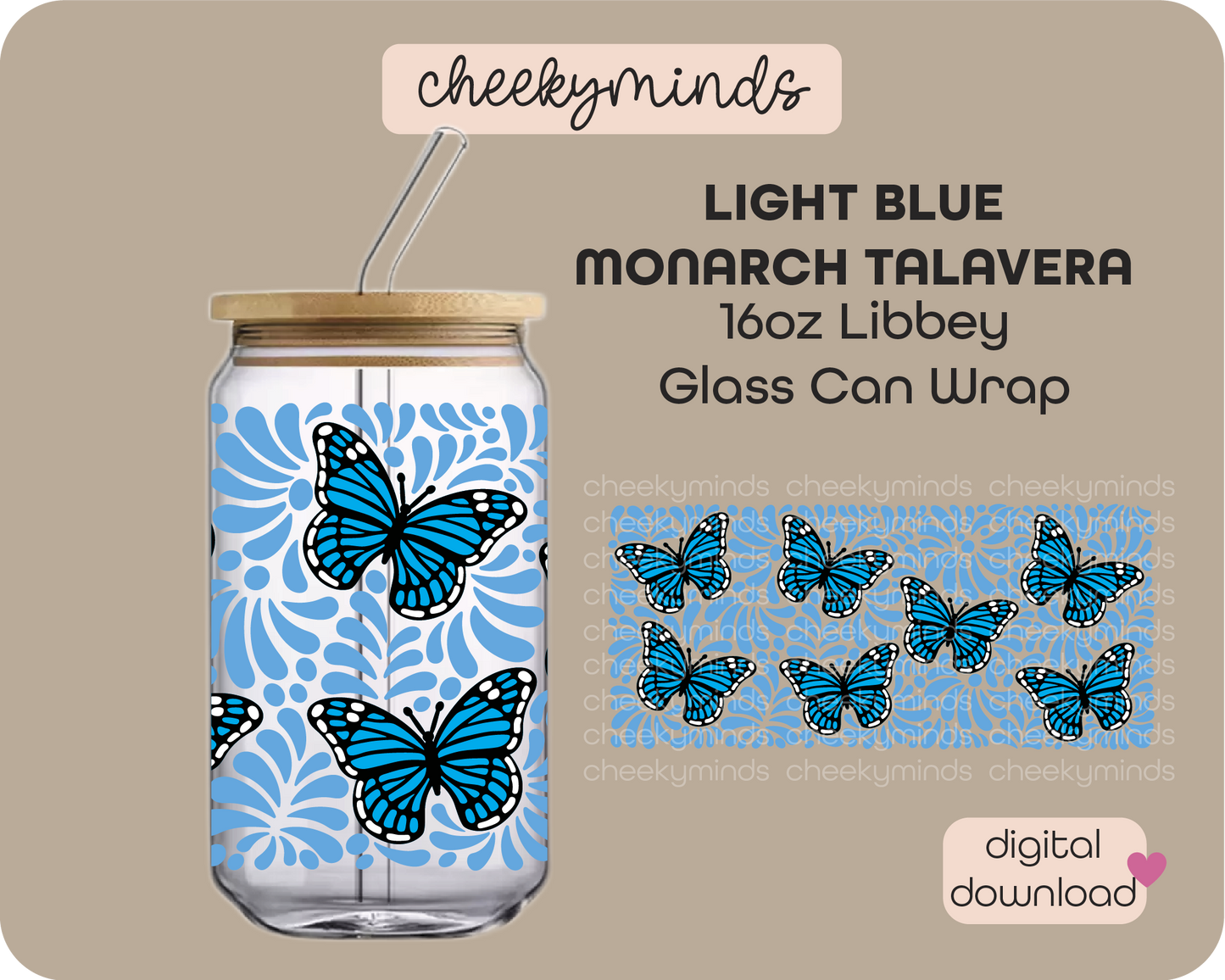 Light Blue Monarch Talavera 16oz Libbey Glass Can Wrap