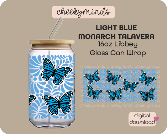 Light Blue Monarch Talavera 16oz Libbey Glass Can Wrap