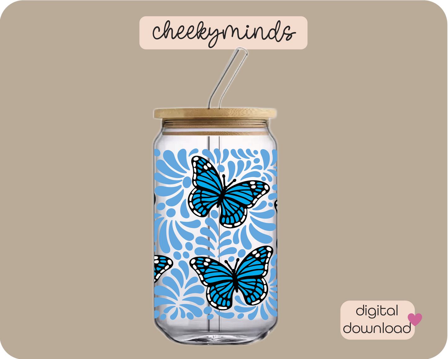 Light Blue Monarch Talavera 16oz Libbey Glass Can Wrap