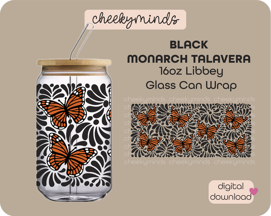 Black Monarch Talavera 16oz Libbey Glass Can Wrap