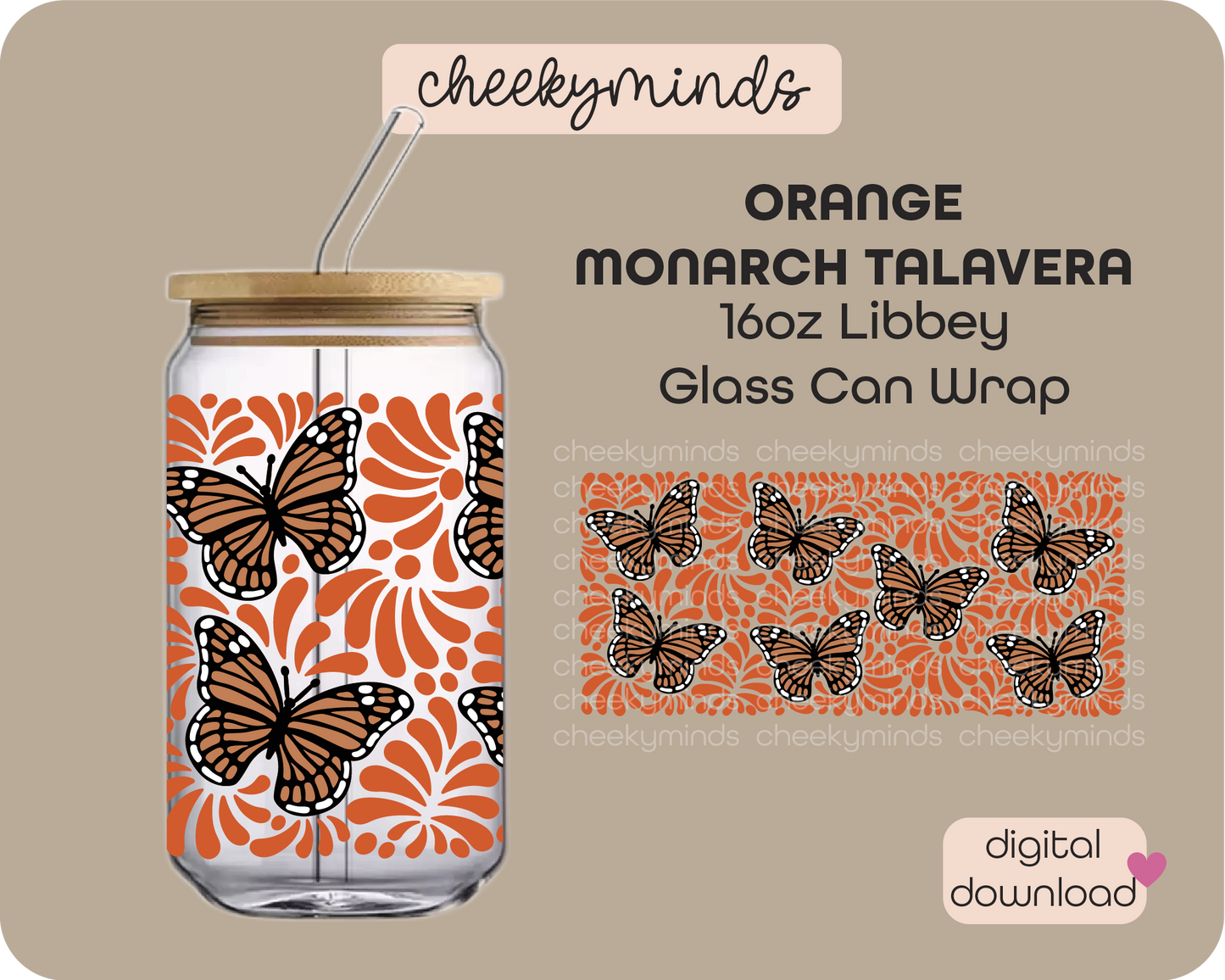 Orange Monarch Talavera 16oz Libbey Glass Can Wrap