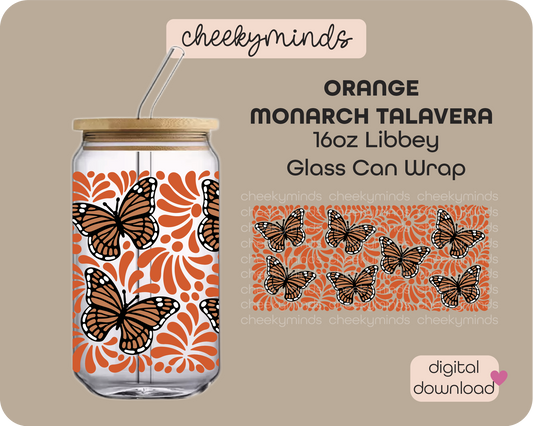 Orange Monarch Talavera 16oz Libbey Glass Can Wrap