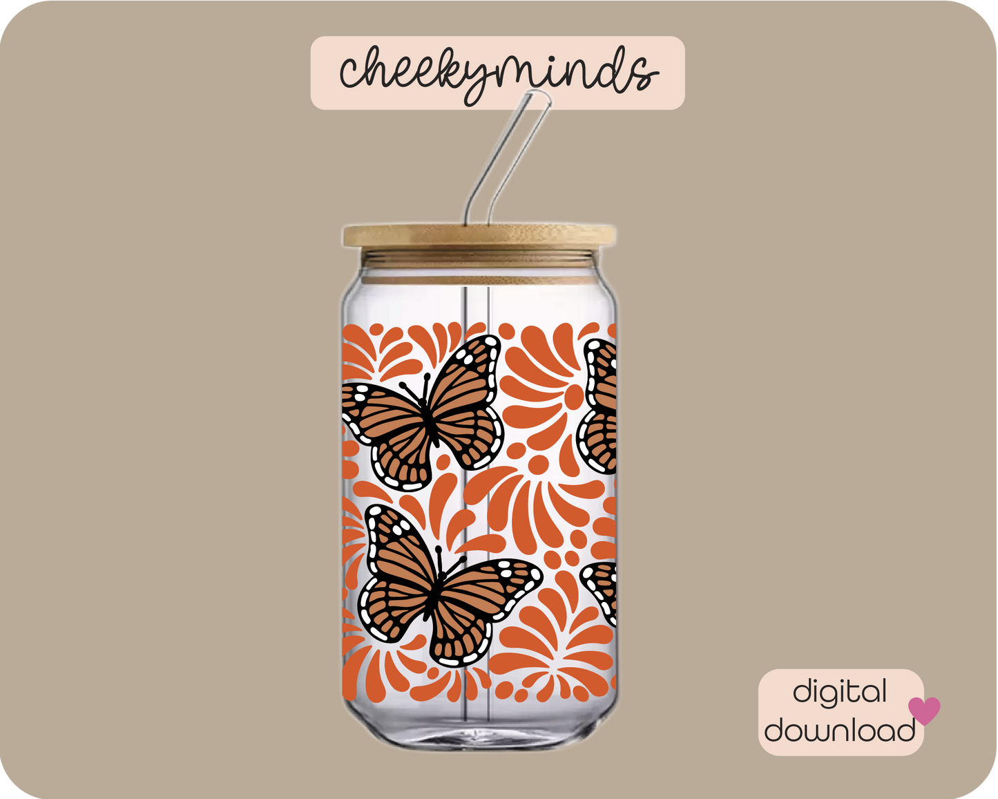 Orange Monarch Talavera 16oz Libbey Glass Can Wrap