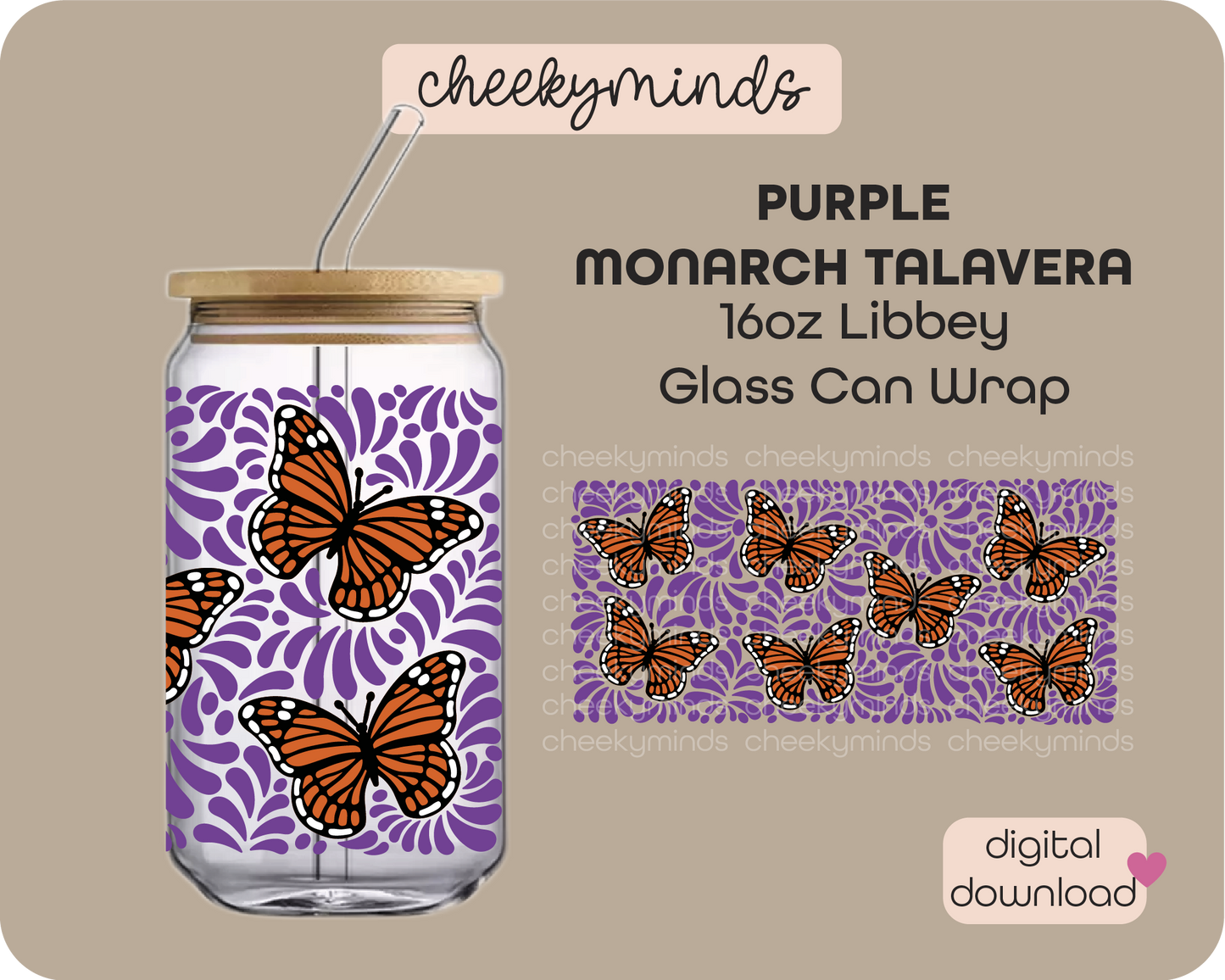 Purple Monarch Talavera 16oz Libbey Glass Can Wrap