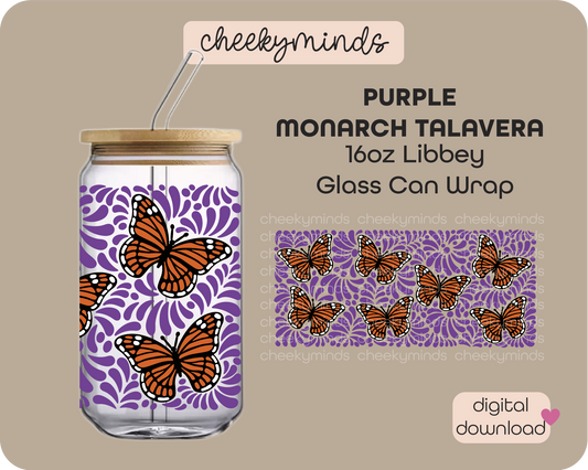 Purple Monarch Talavera 16oz Libbey Glass Can Wrap