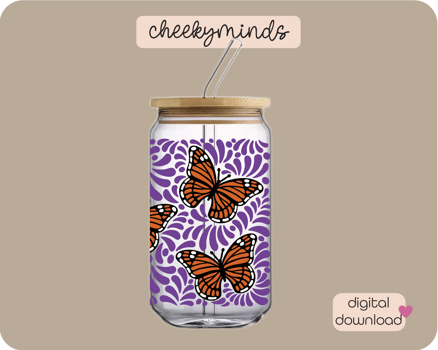 Purple Monarch Talavera 16oz Libbey Glass Can Wrap
