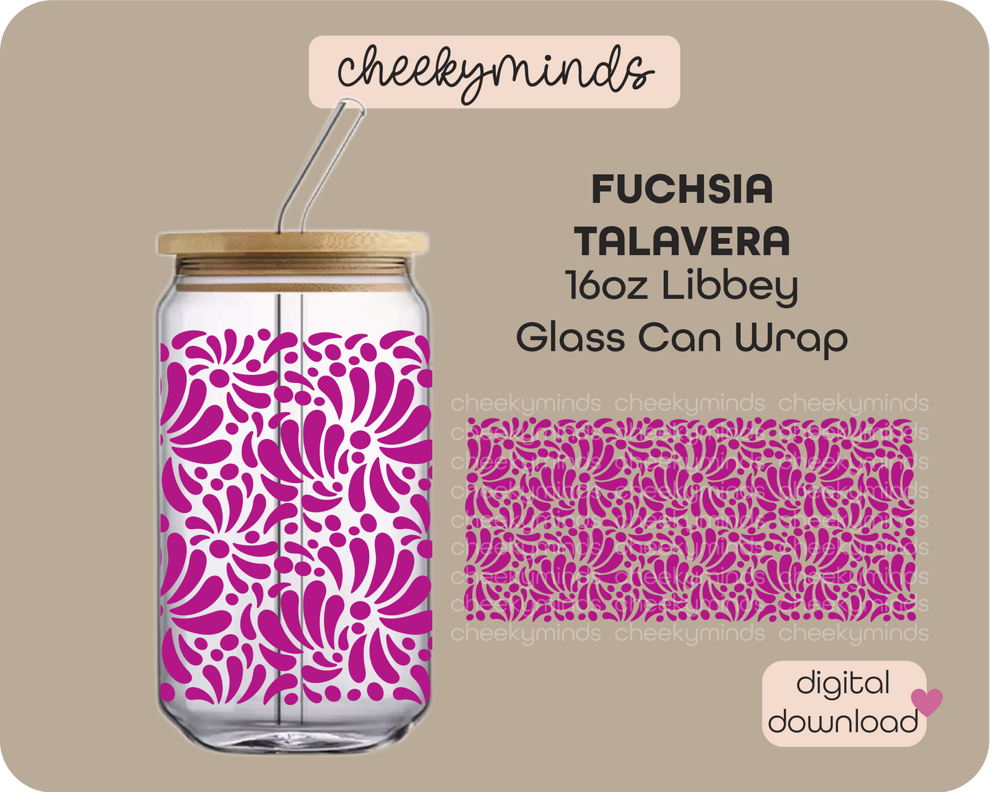 Fuchsia Talavera 16oz Libbey Glass Can Wrap