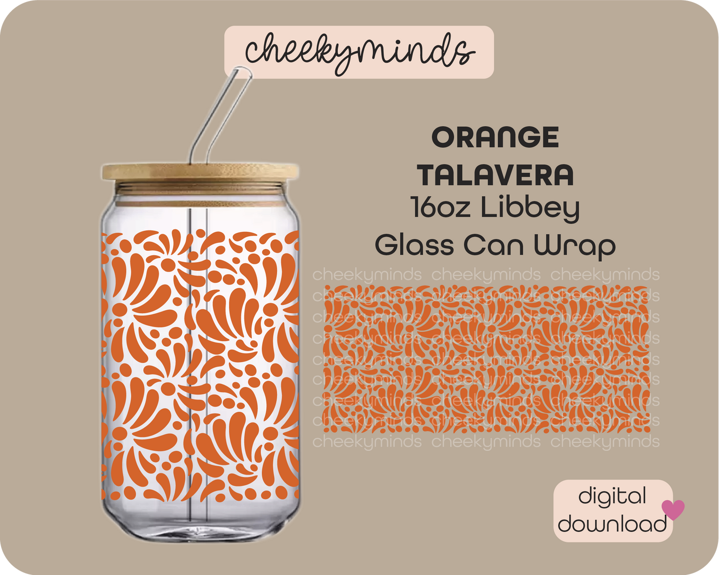 Orange Talavera 16oz Libbey Glass Can Wrap