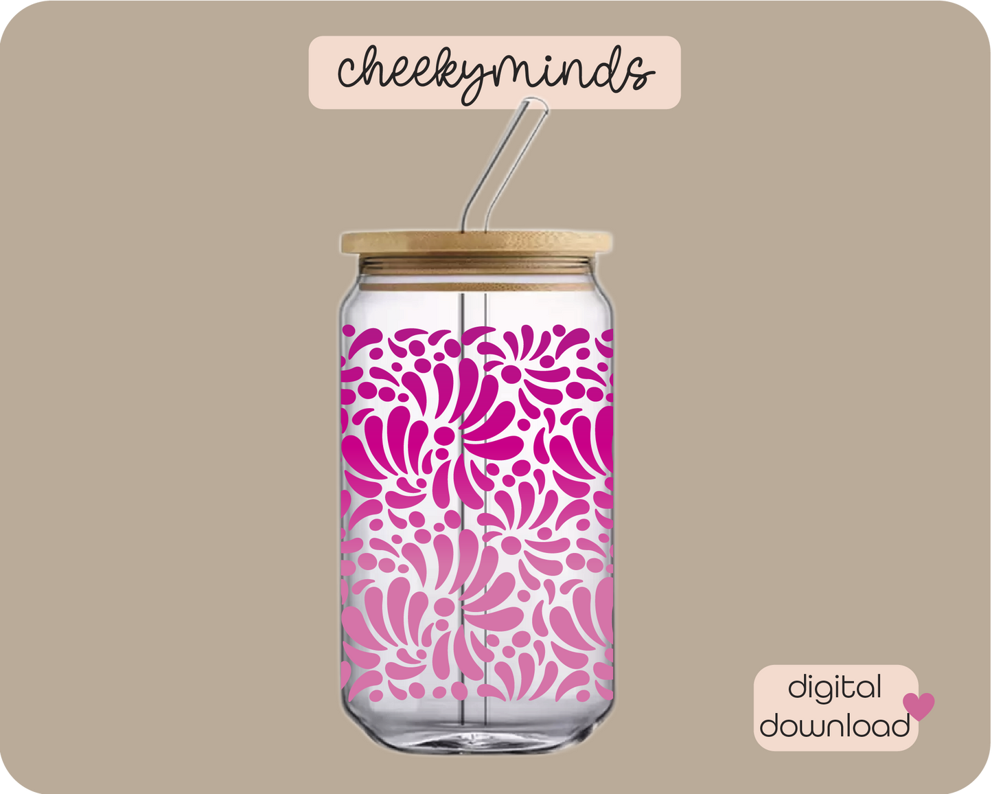 Pink Ombre Talavera 16oz Libbey Glass Can Wrap