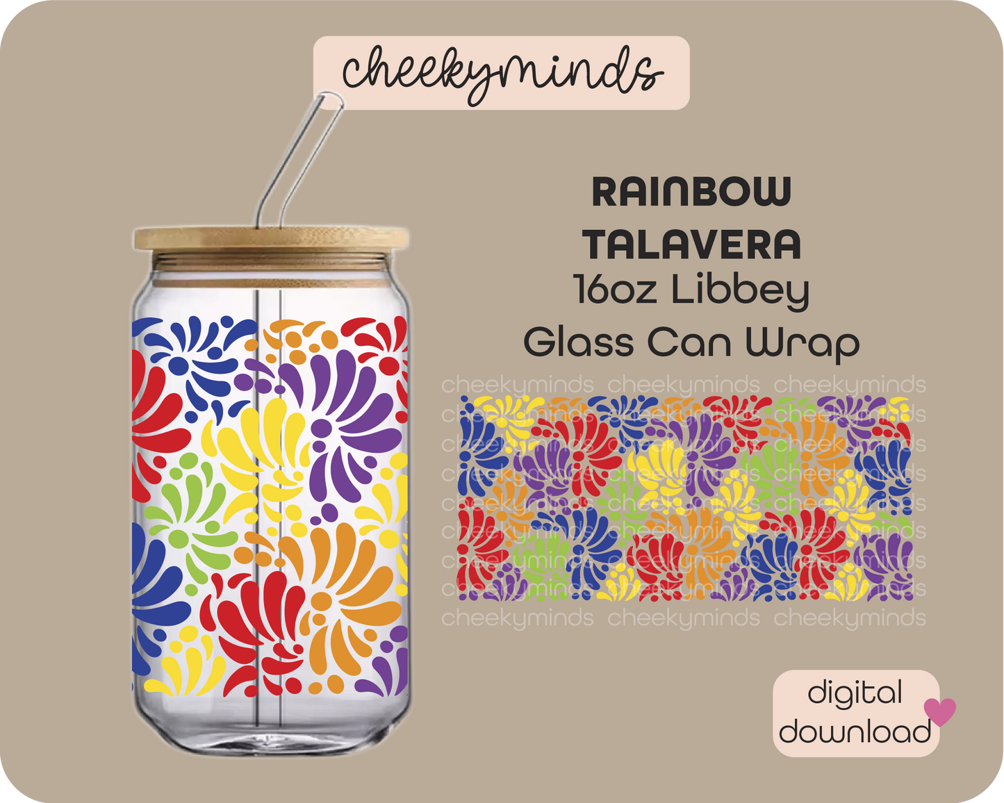 Rainbow Talavera 16oz Libbey Glass Can Wrap