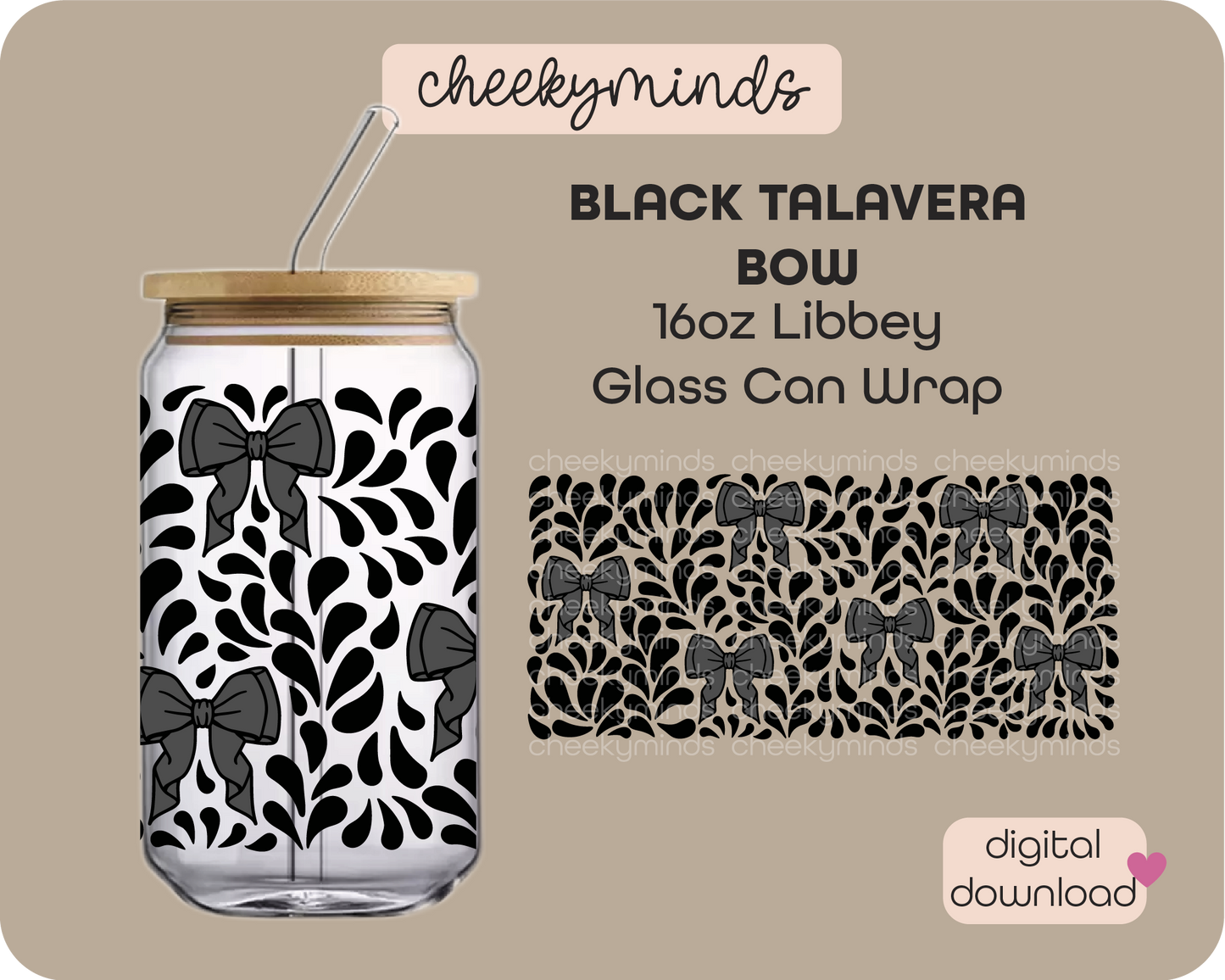 Black Talavera Bow 16oz Libbey Glass Can Wrap