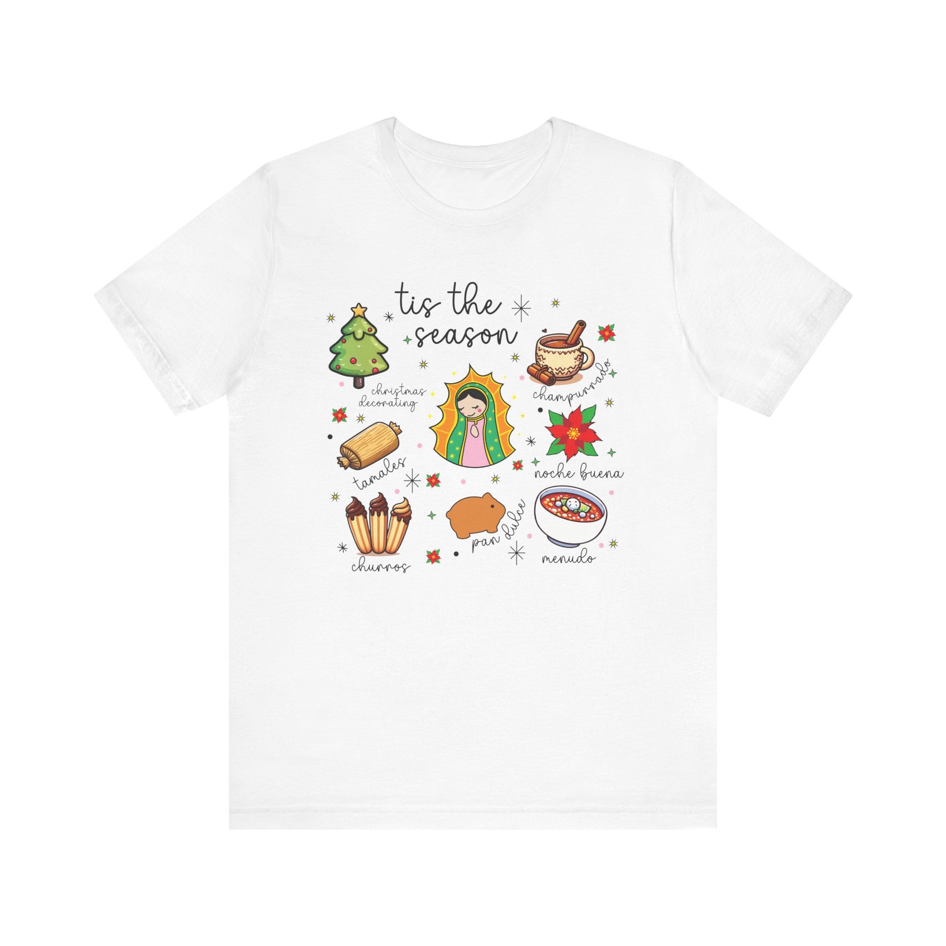 Mexican Christmas, Tis the Season, Bella Cavas Jersey Tee, Feliz Navidad Shirt, Virgen de Guadalupe, Tamales Clothing - White, XL image