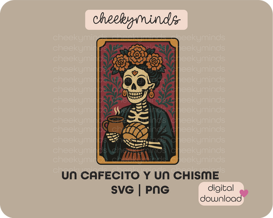 Un Cafecito y Chisme Digital Art Print – Día de los Muertos Style