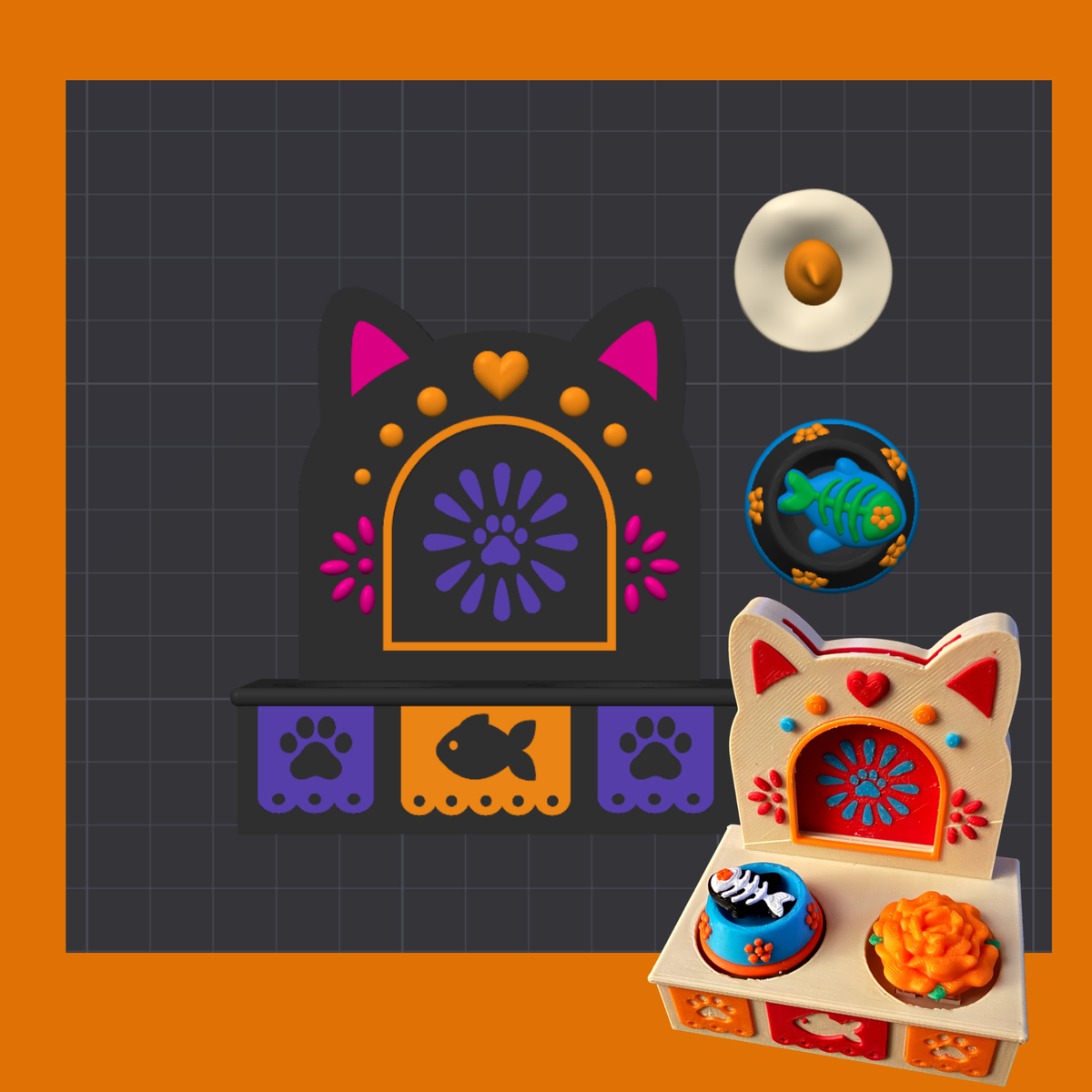 Cat Día de los Muertos Altar 3D Print File – Ofrenda Clicker (does not have lighted candle option)