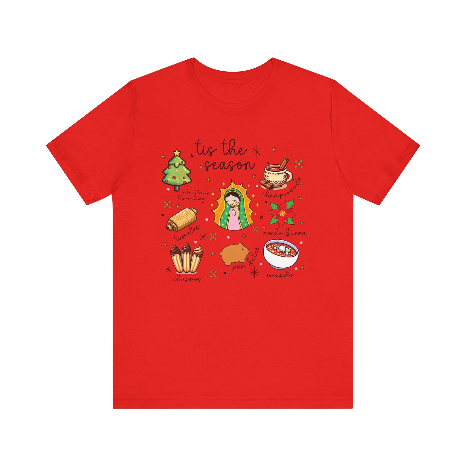 Mexican Christmas, Tis the Season, Bella Cavas Jersey Tee, Feliz Navidad Shirt, Virgen de Guadalupe, Tamales Clothing - Poppy, S image