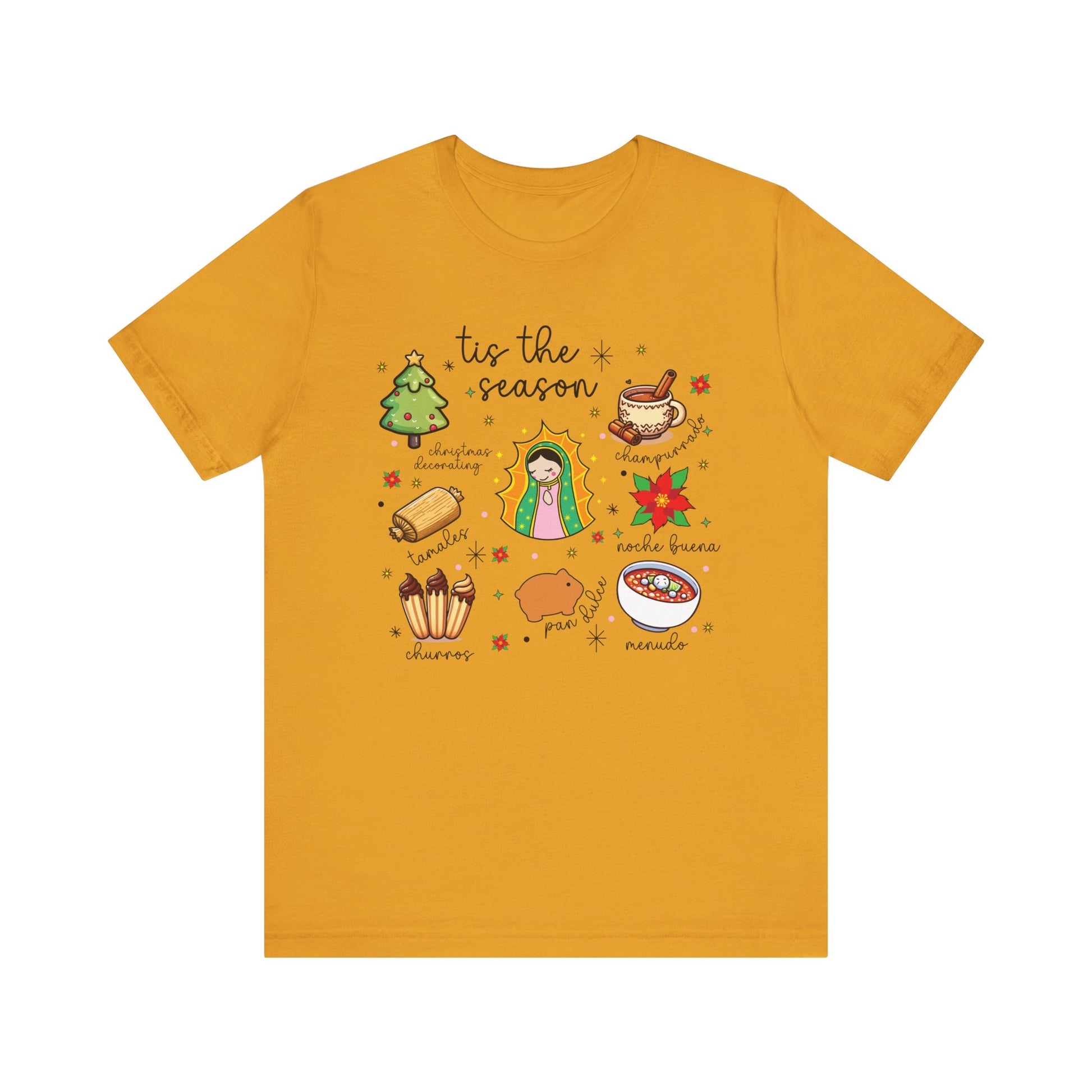 Mexican Christmas, Tis the Season, Bella Cavas Jersey Tee, Feliz Navidad Shirt, Virgen de Guadalupe, Tamales Clothing - Mustard, L image