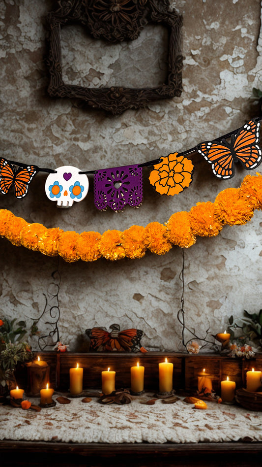 Día de los Muertos Garland | Papel Picado, Monarch Butterfly, Sugar Skull & Marigold Banner