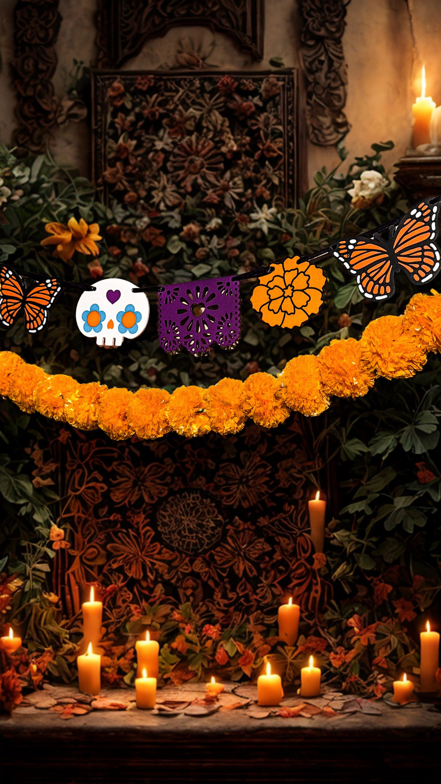Día de los Muertos Garland | Papel Picado, Monarch Butterfly, Sugar Skull & Marigold Banner