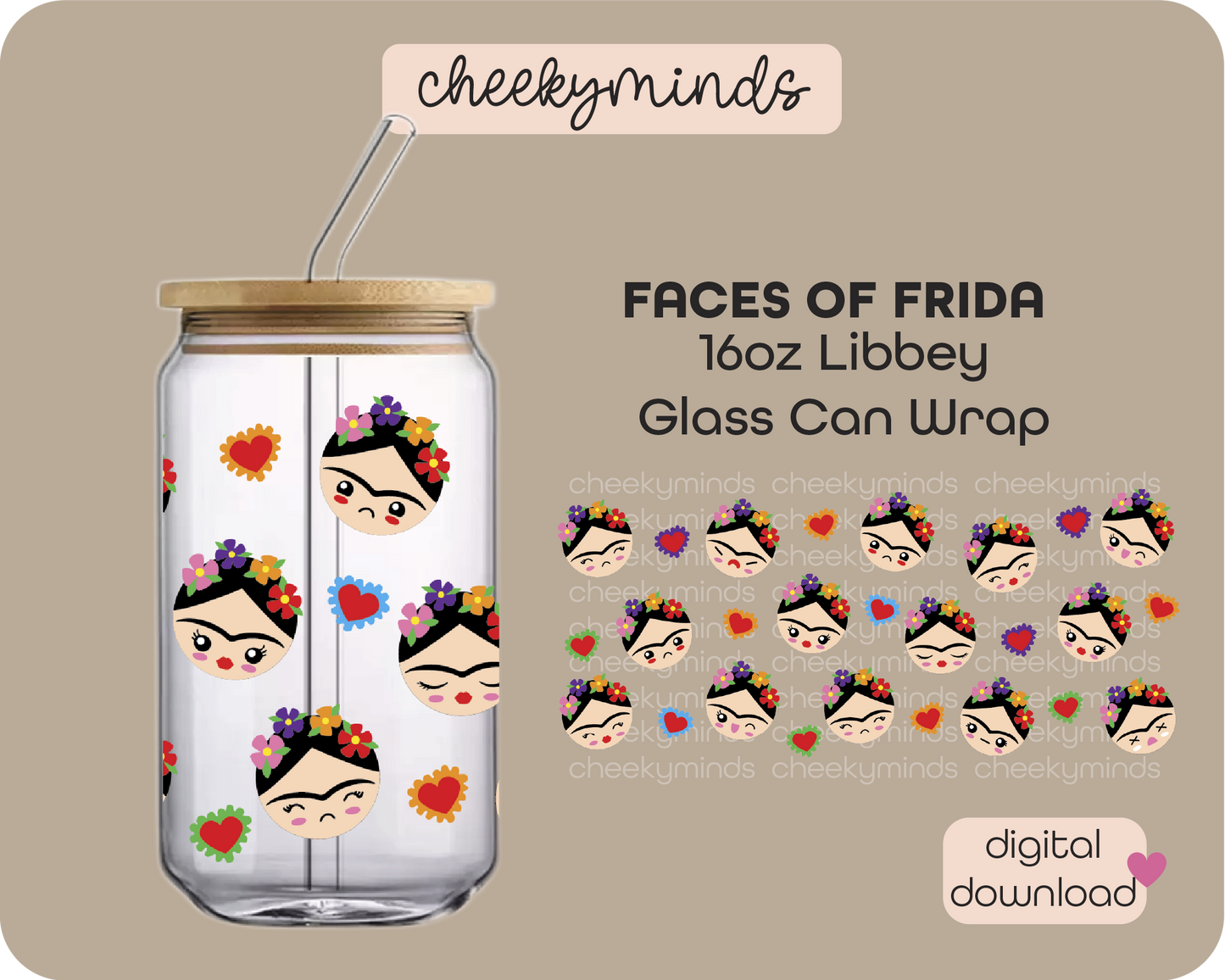 Faces of Frida 16oz Libbey Glass Can Wrap