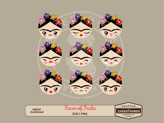Faces of Frida Kawaii Style separated in SVG and PNG file