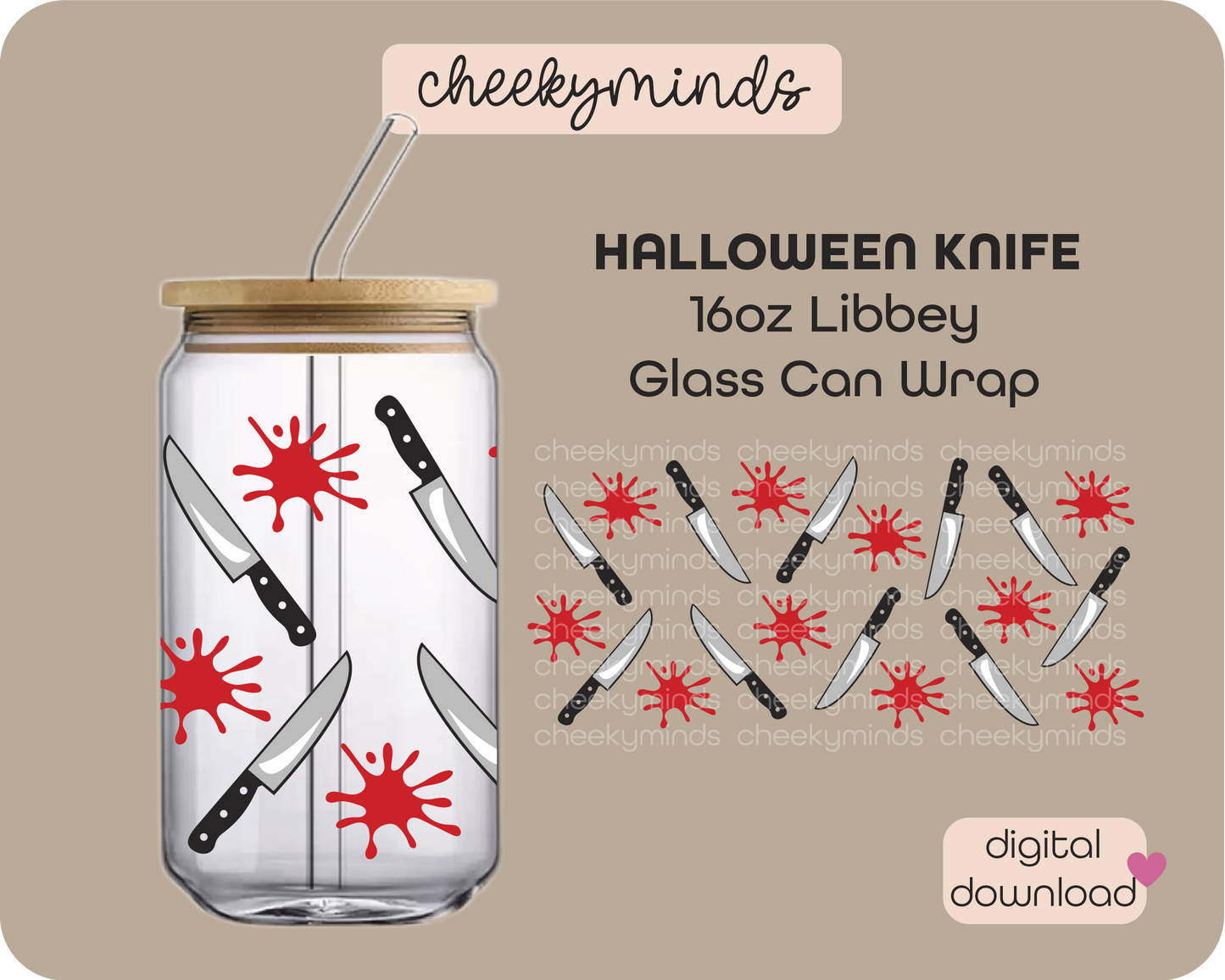 Halloween Knife 16oz Libbey Glass Can Wrap