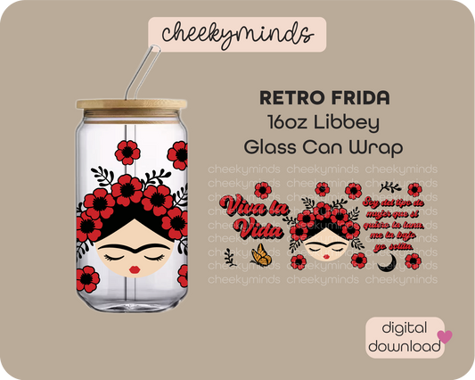 Retro Frida 16oz Libbey Glass Can Wrap